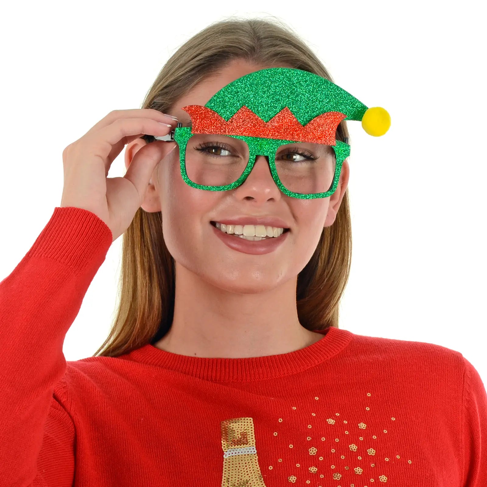model wears green and red glitter glasses in the shape of an elf hat, finished with yellow pom pom